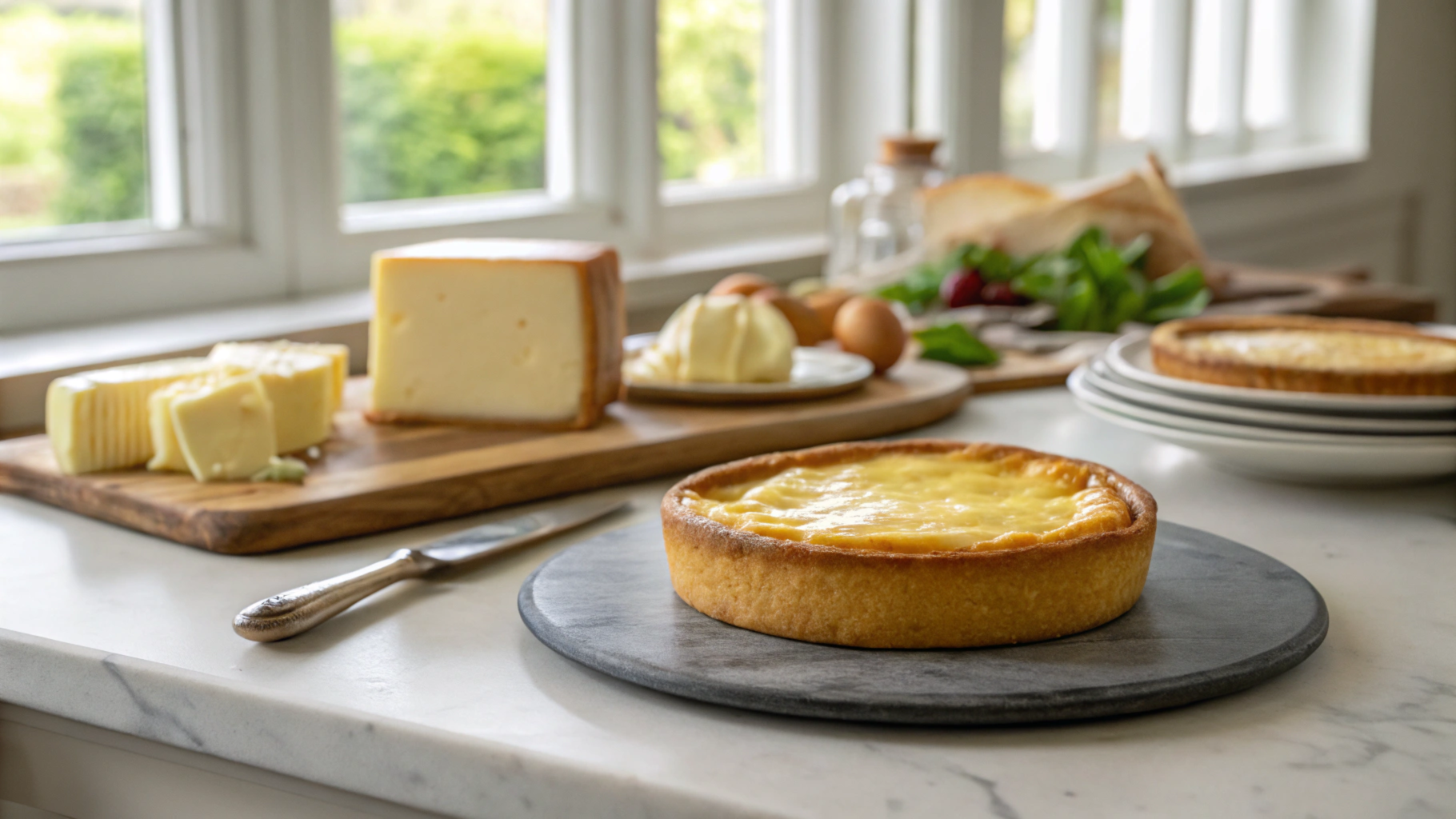 custard-tart-cheese-butter-eggs-bread-and-greens-on-a-kitchen-counter-near-a-window