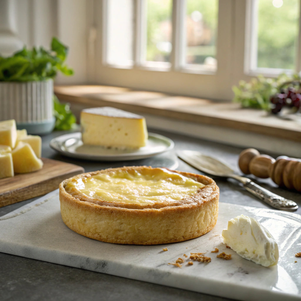 custard-tart-on-marble-board-with-cheese-cream-and-kitchen-background