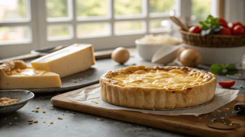 freshly-baked-quiche-on-a-wooden-board-with-cheese-eggs-and-tomatoes-in-the-background