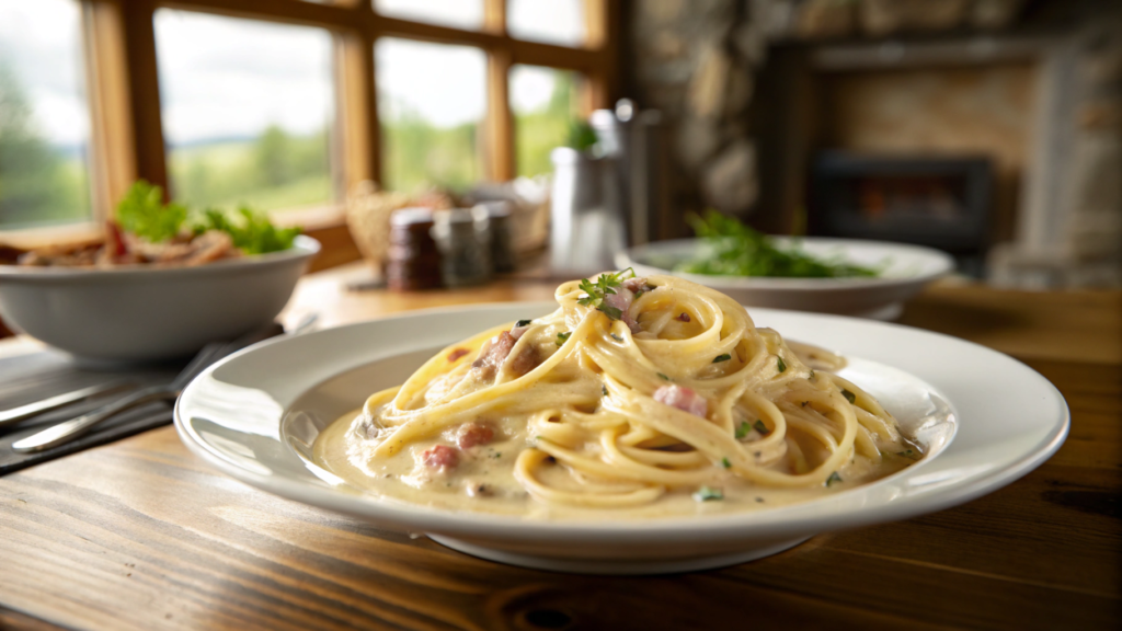 creamy-carbonara-pasta-on-a-white-plate-with-other-dishes-and-a-window-view-in-the-background