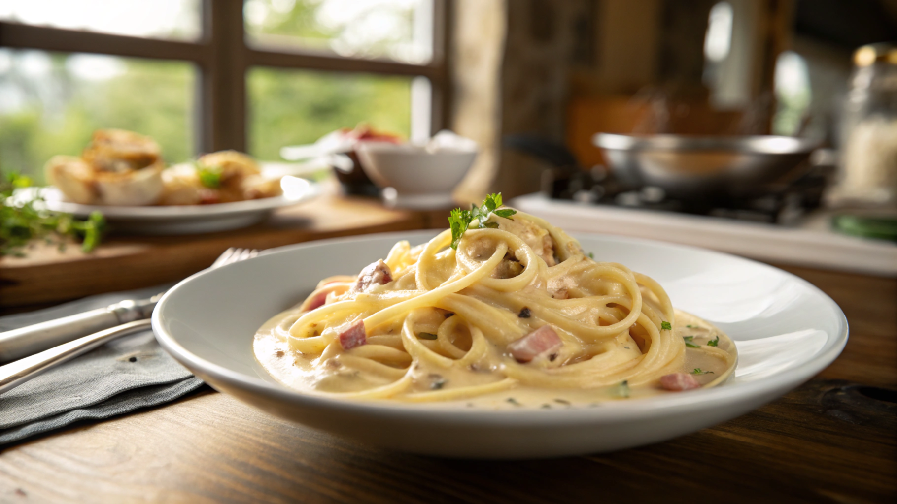 creamy-carbonara-pasta-with-pancetta-in-a-white-bowl-on-a-wooden-table-parsley-garnish-blurred-background