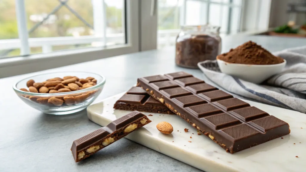 A keto-friendly chocolate bar with almonds, known as the "Keto Chocolate Dubai Bar," placed on a marble cutting board with a bowl of almonds and cocoa powder in the background.